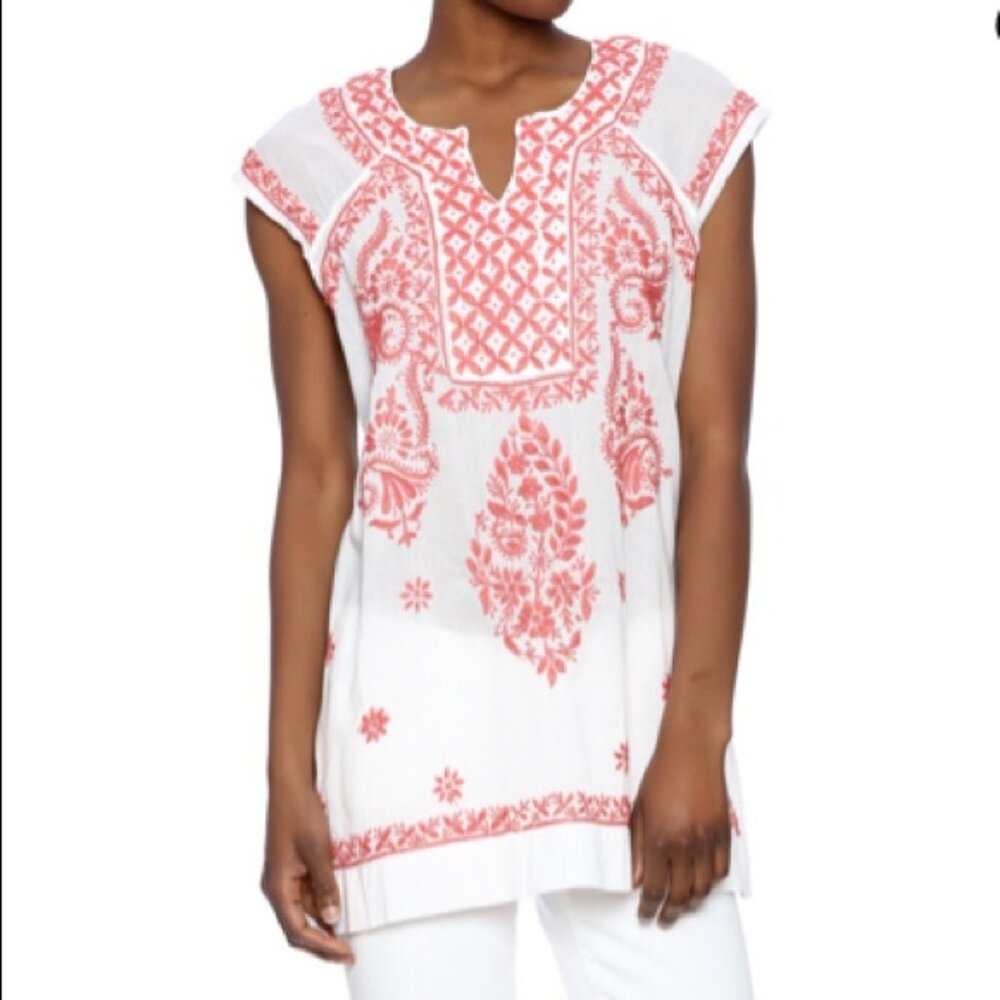 NWT Jayshree Dalal White Tunic Top with Coral Embroidery